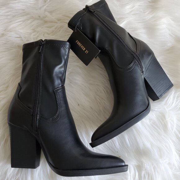 Forever 21 Black Pointed Toe Zipper Chunky Heel Ankle Boots SZ 6 - Picture 1 of 11